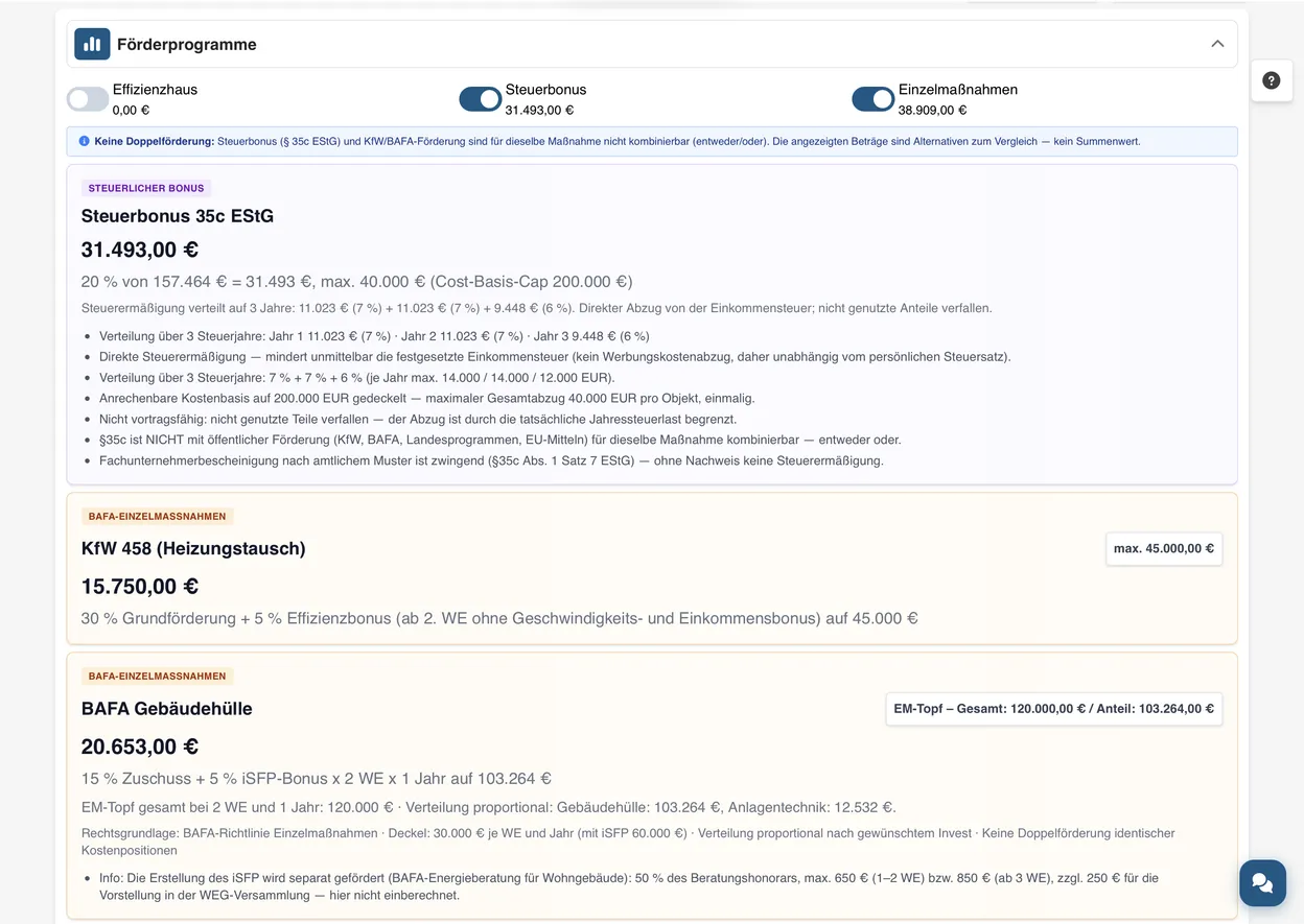 FörderCheckPro Förderprogramm-Vergleich: Steuerbonus §35c EStG neben KfW 458 Heizungstausch und BAFA Gebäudehülle, mit Hinweis zur Doppelförderung
