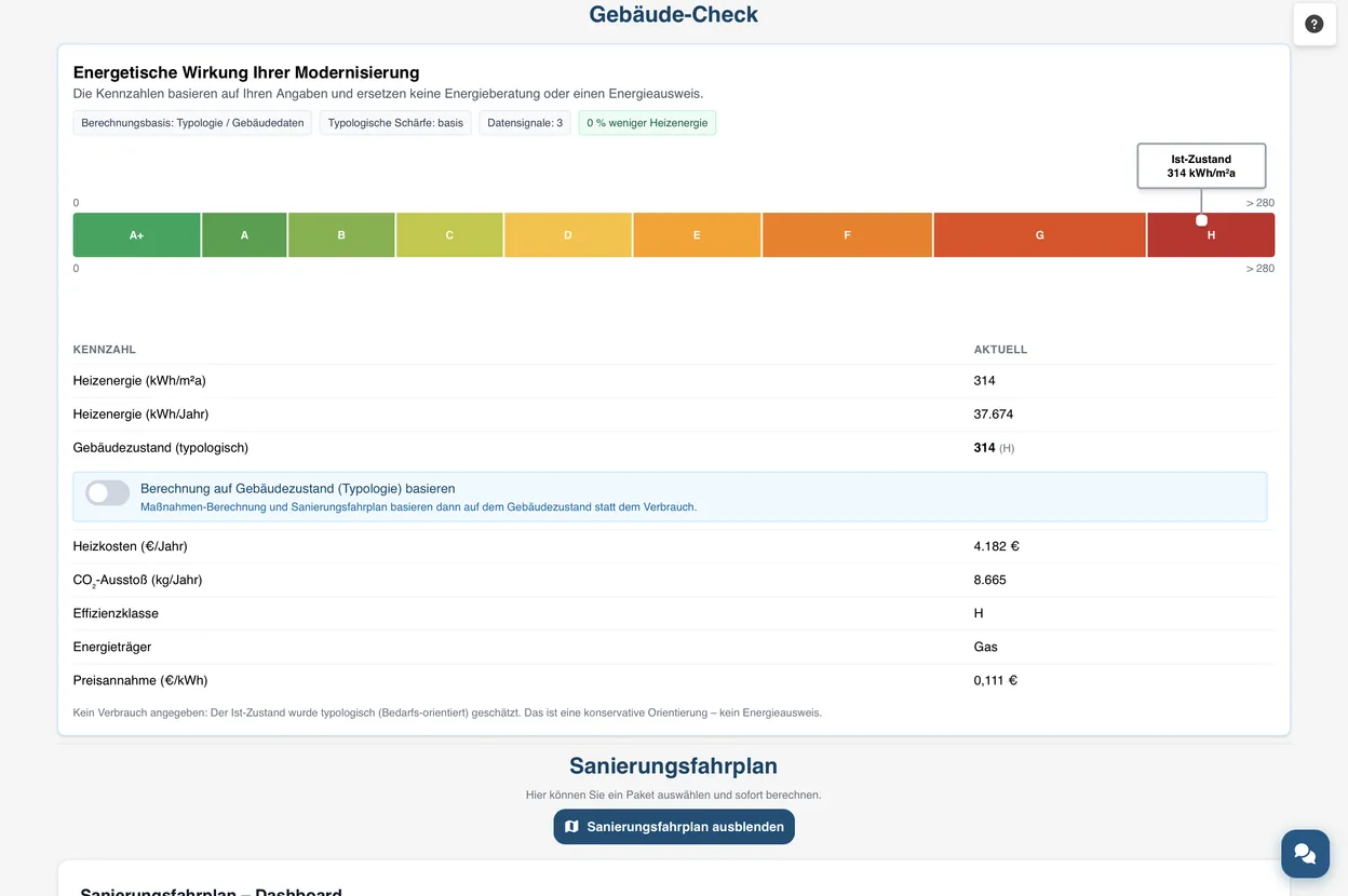 FörderCheckPro Gebäude-Check: Energieskala A+ bis H mit Ist-Zustand, Heizenergie, Heizkosten und CO₂-Kennzahlen